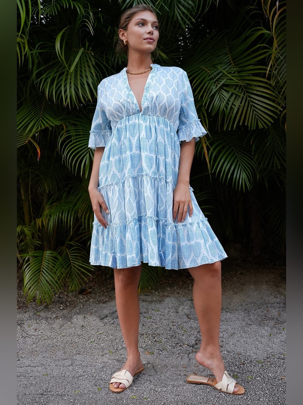 Debbie Katz Sana Cotton Tiered Printed Dress Short Sleeve Size Medium 964